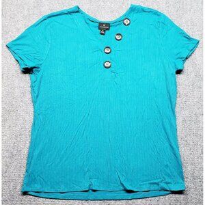 Worthington Blouse Womens XL Blue Tahitan Button V-Neck Cap Sleeve Pullover New